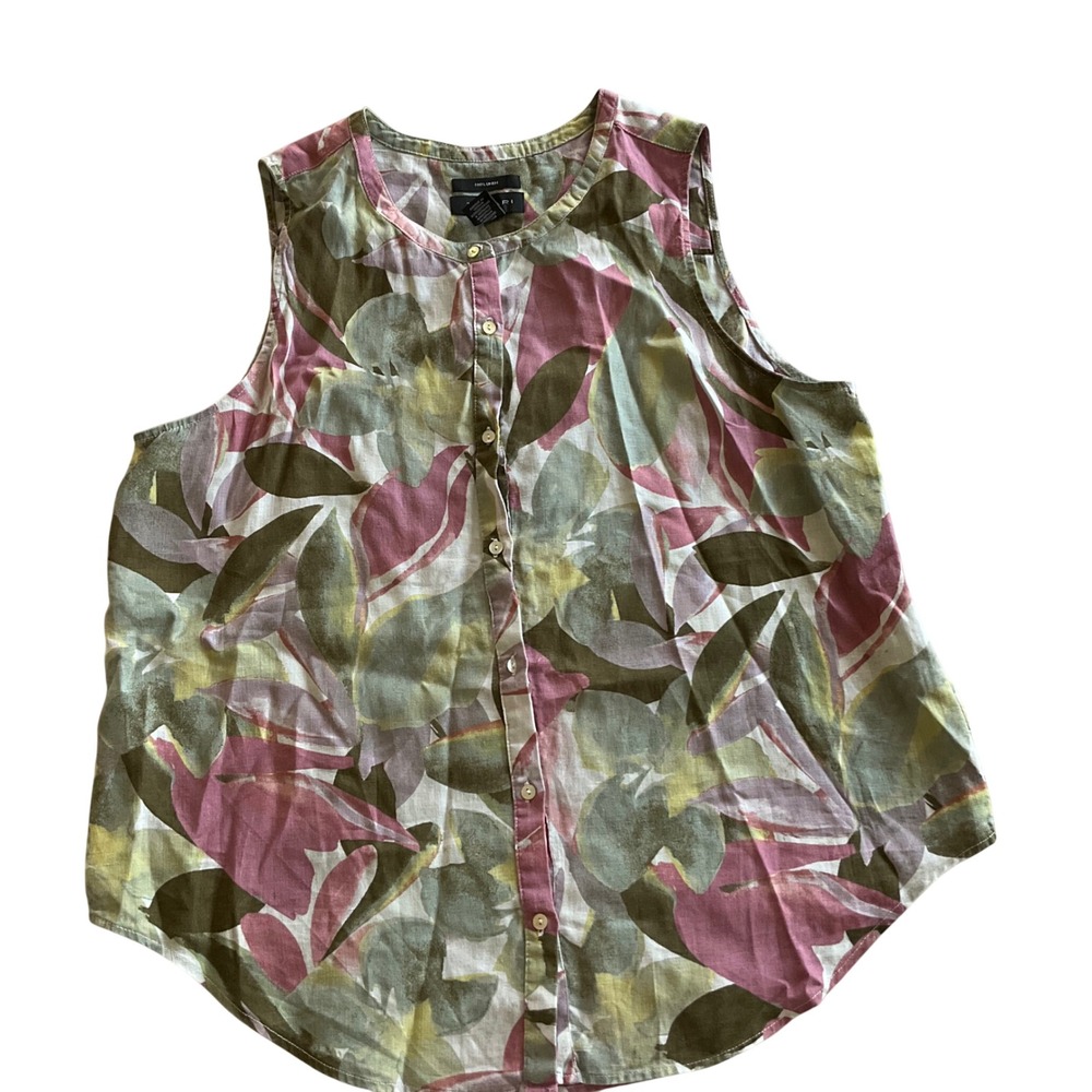 Tahari Sleeveless Button Down Top Women XL Multi Color Floral Linen Leaf Print